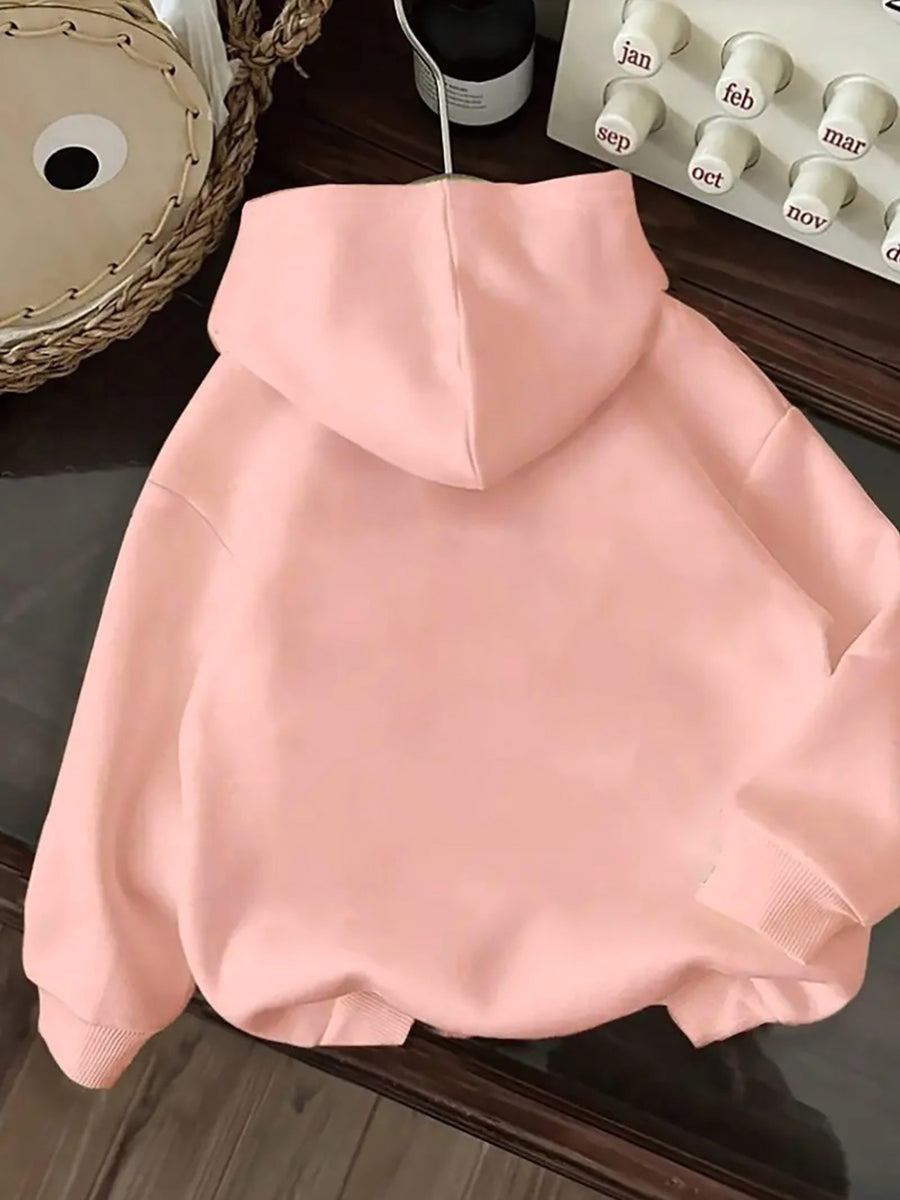 Plus Size 1pc Fashion Women's Autumn/Winter Warm Hooded Sweatshirt with an Elegant and Beautiful Y2K Style Casual Sweatshirt Featuring a Cartoon Smiling Face Print, Winking and Sticking Out Tongue, Playful and Cute. Pattern Print Plus Size -Lined - pink