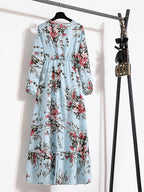 Bohemian Print Casual Party Long Dress with Ruffle Hem, Round Neck, Elastic Waist, and A-Line Silhouette - Lake Blue