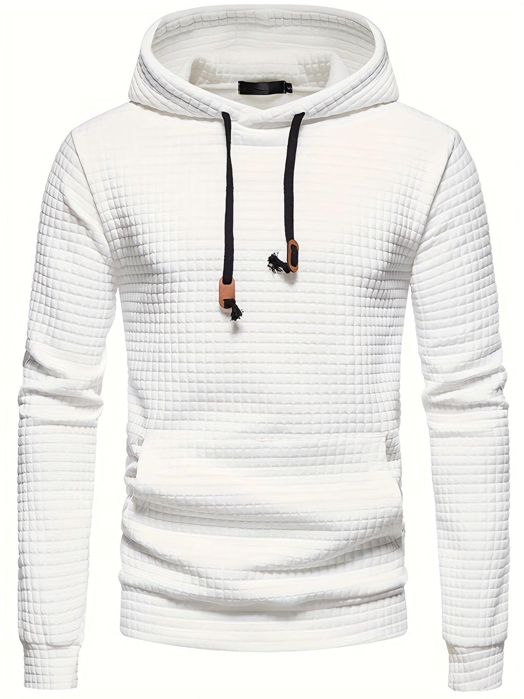 Waffle Pattern Solid Color Hoodie Men Cool Hoodie No Pocket Design Spring Autumn Men Casual Pullover Hooded Sweatshirt Street Trend Style Plus Size - White