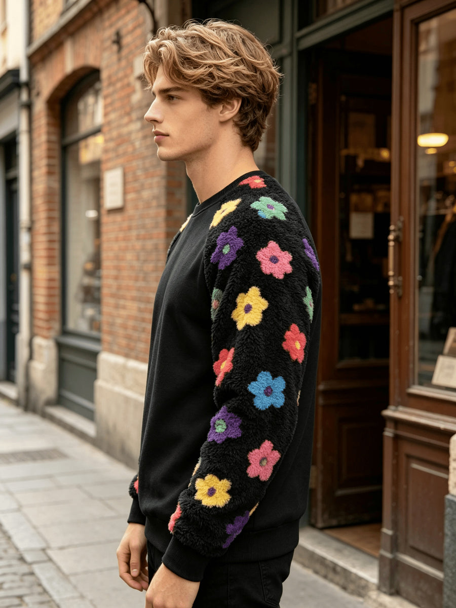 Men'S Autumn Winter Round Neck Plush Sweatshirt, Drop Shoulder Plush Sweatshirt, Featuring Floral Plush Color-Block Patchwork And Solid Color Design, Wrinkle-Resistant Soft Knit Material, Very Practical. Suitable for Students' Daily Wear on Campus - Black