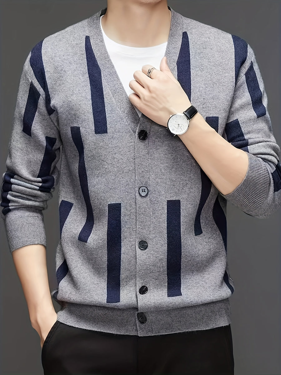 Men's Color-Block Vertical Stripe V-Neck Cardigan, Light Luxury Business Autumn/Winter Knitted Outerwear, Slim-Fit Long-Sleeve Sweater - Grey