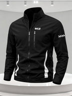 Men'S Spring/Autumn Stand-Up Collar Casual Jacket, Off-Road Riding Pattern Print, Zip-Up Lightweight Outerwear, Side Contrast Stand-Up Collar Sports Commute Top - Black