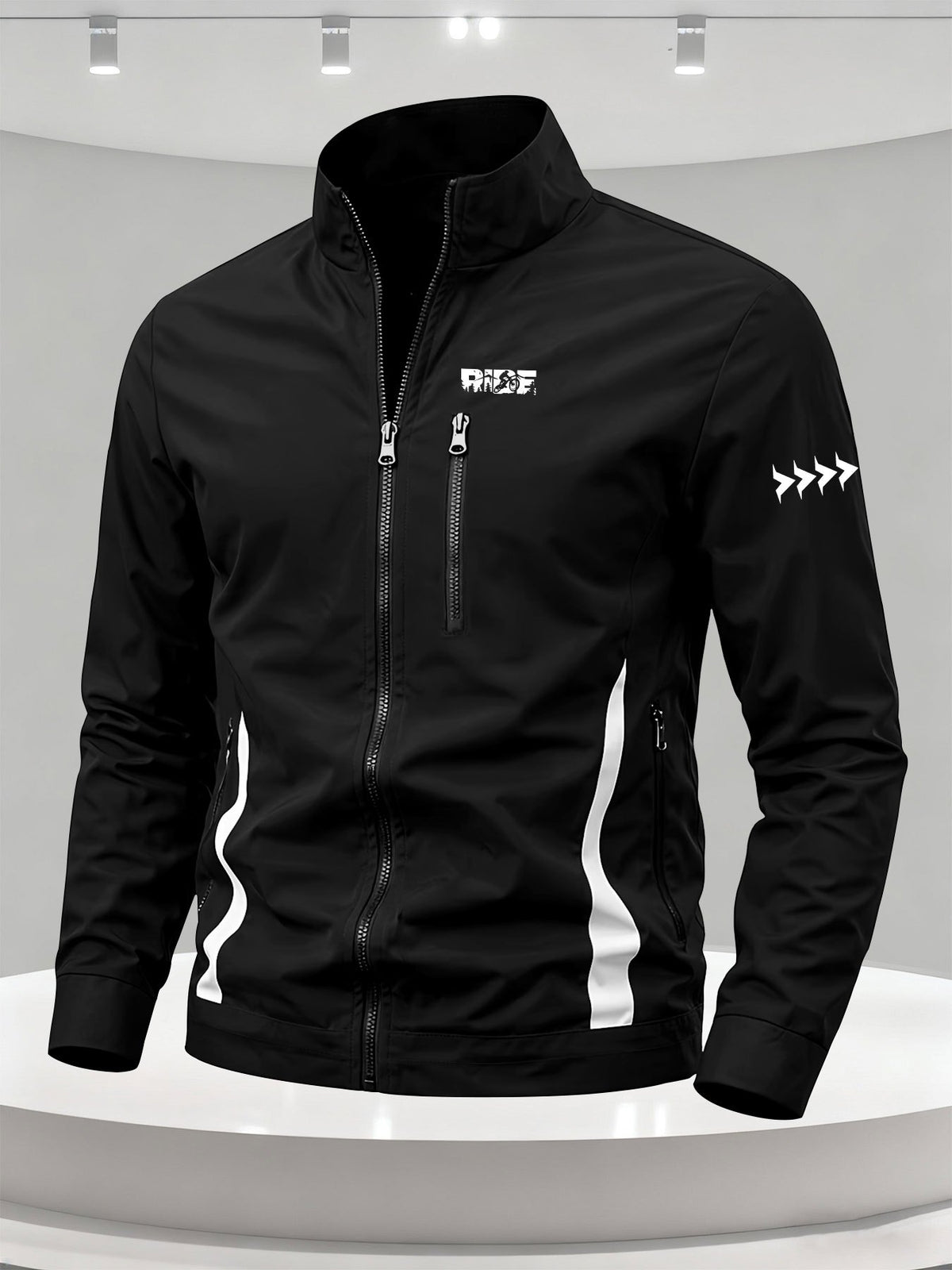 Men'S Spring/Autumn Stand-Up Collar Casual Jacket, Off-Road Riding Pattern Print, Zip-Up Lightweight Outerwear, Side Contrast Stand-Up Collar Sports Commute Top - Black