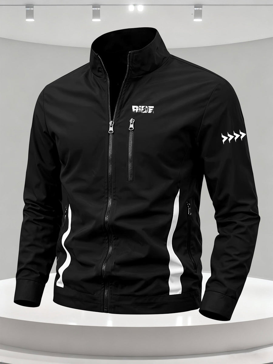 Men'S Spring/Autumn Stand-Up Collar Casual Jacket, Off-Road Riding Pattern Print, Zip-Up Lightweight Outerwear, Side Contrast Stand-Up Collar Sports Commute Top - Black