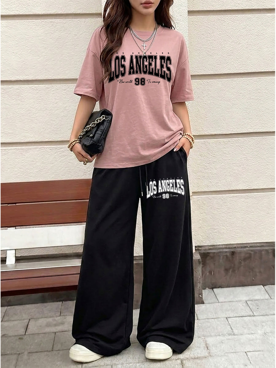 Women's Casual Streetwear Trend Los Angeles 98 Print Crew Neck Short Sleeve Top and Loose Drawstring Long Pants 2pcs Set, Women's Fashion Outfit, Suitable for Summer Streetwear - Pink+Black