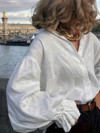 Women's White Lapel Shirt, Loose Puff Sleeve Blouse, Casual Long-sleeve Top, Elegant French-style Women's Shirt - White