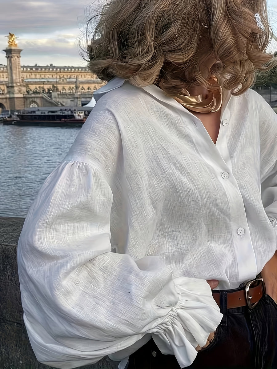 Women's White Lapel Shirt, Loose Puff Sleeve Blouse, Casual Long-sleeve Top, Elegant French-style Women's Shirt - White
