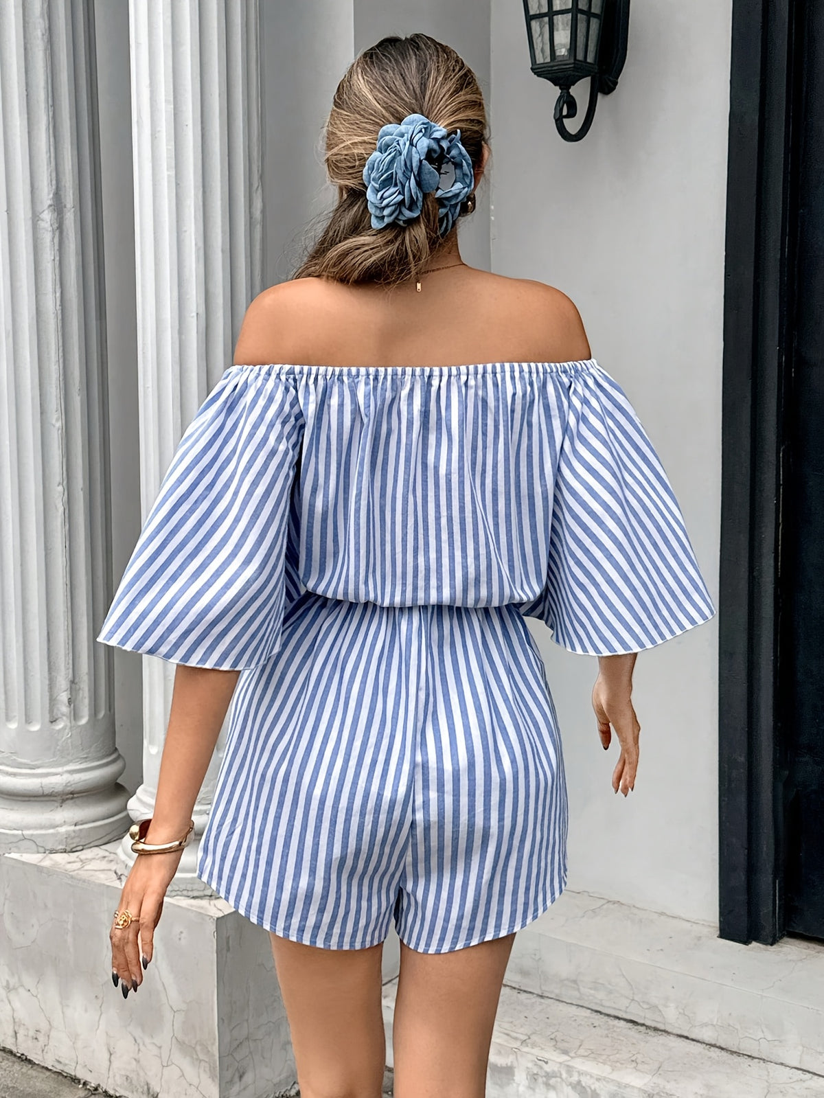 French New Single Shoulder Vertical Patterned Waist Belt Bodycon Jumpsuit Women'S Jumpsuit Women'S Summer Jumpsuit - Blue