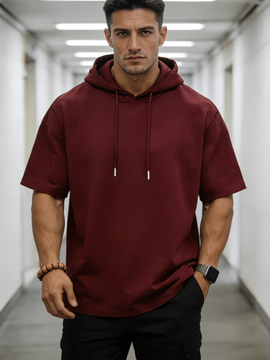 Solid Color Men's Hoodie T-Shirt, Novelty Casual Short-Sleeve Hooded Tee, Loose Fit Hooded Short-Sleeve Top, Versatile Men's Casual Knitwear, Summer Outdoor Casual Short-Sleeve Black, Vintage Fashion Trendy Apparel, Spring-Summer Vacation Outdoor - Burgundy
