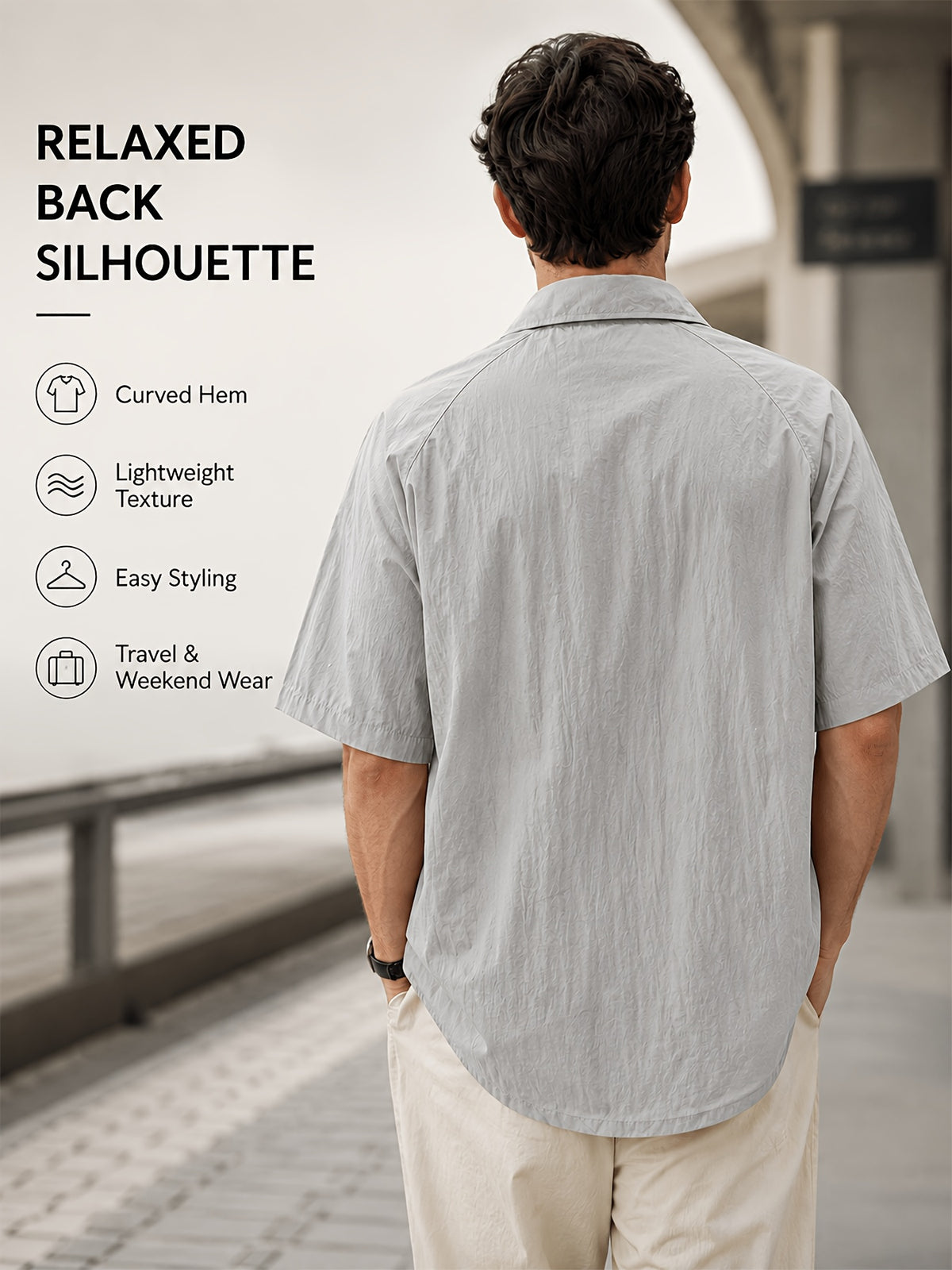 Men's Lightweight Functional Style Short-Sleeve Shirt Jacket with Snap Button Closure and Lapel Collar, Breathable Fabric, Loose and Comfortable, Not Stuffy, Suitable for Urban Commuting, Travel, Outings, Weekend Leisure, and Multiple Scenarios - Cement Ash