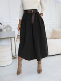 YY0824062 + Lingshan Directional + Women'S Spring And Autumn Elegant Retro A-Line High Waist Oblique Pocket Pleated Skirt, Elastic Waist, Commuting Versatile Mid-Length Umbrella Skirt - Black