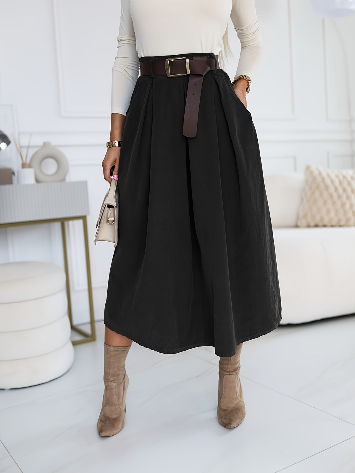 YY0824062 + Lingshan Directional + Women'S Spring And Autumn Elegant Retro A-Line High Waist Oblique Pocket Pleated Skirt, Elastic Waist, Commuting Versatile Mid-Length Umbrella Skirt - Black