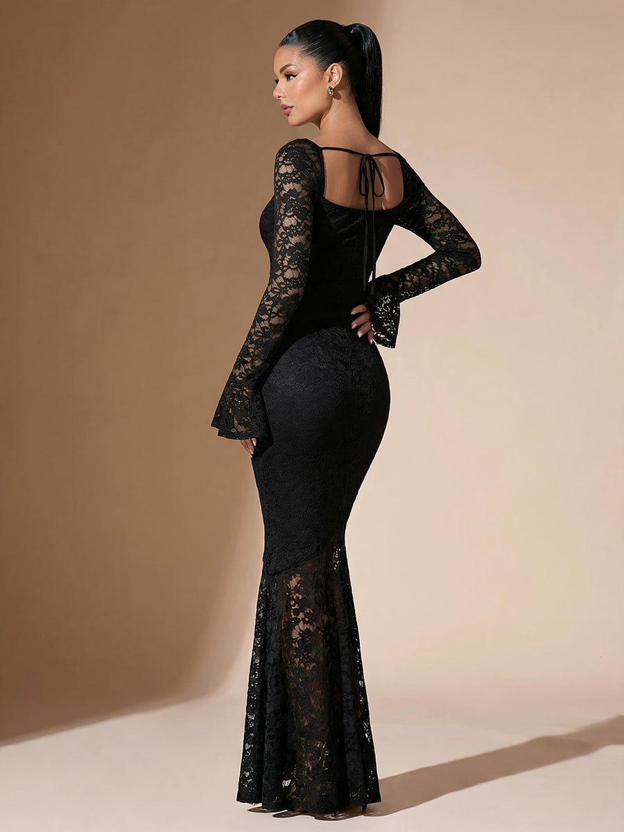Women'S Elegant Lace Sheer Square Neck Backless Fitted Mermaid Black Long Dress, Party Elegant Evening Dress Women'S Birthday Dress - Black