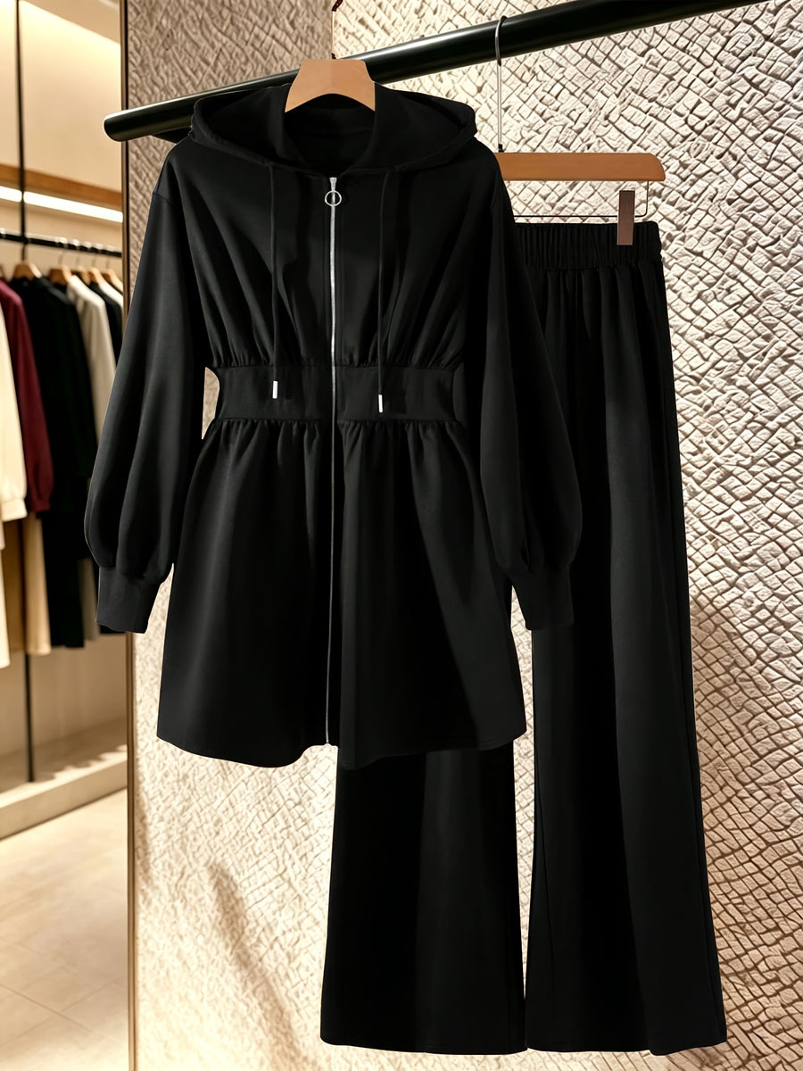 2pcs Set: Mid-length Hooded Zip-up Cardigan + High-waisted Drapey Wide-leg Pants - Black