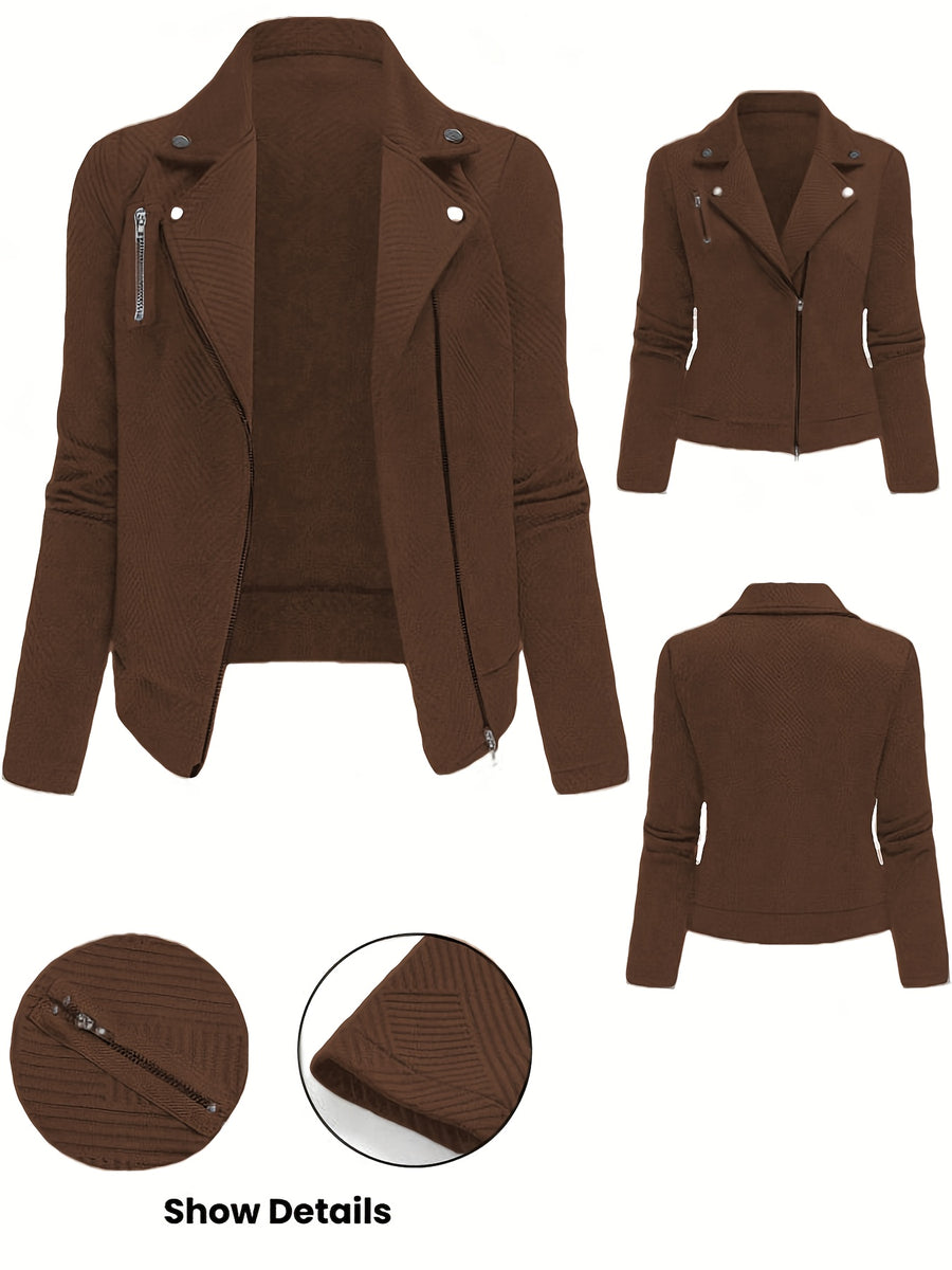Women's New Solid Color Maze Grid Zipper Button Decorated Biker Jacket, a Stylish and Elegant Commuting, Outing, and Daily Wear Casual Jacket Top, Suitable for Autumn and Winter Seasons - Coffee Color