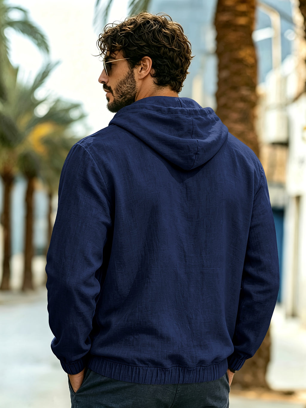 Men's New Spring/Autumn Linen Hooded T-Shirt, Suitable for Commuting, Parties, Outings, Travel, and Sports, Lightweight and Stylish Sweatshirt - Navy Color
