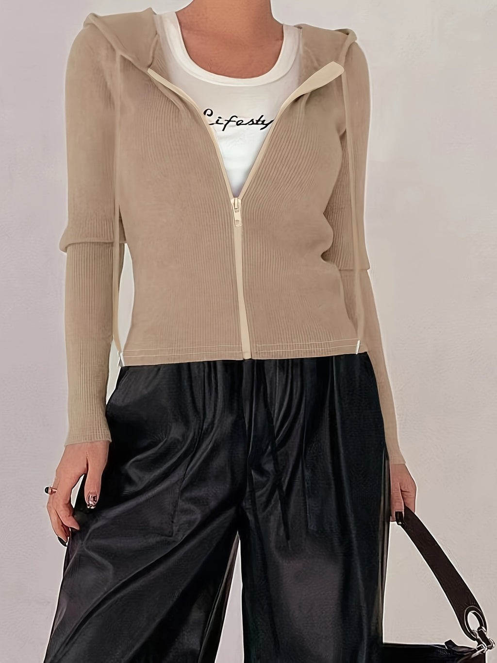 Women's Slim-Fit Solid Color Hooded Long Sleeve Casual Jacket - Yellowish-brown