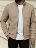 Spring/Autumn New Men's Solid Color Lapel Waffle Knit Long Sleeve Zipper Jacket, Comfortable and Breathable Outdoor Sports Men's Outerwear, Practical Jacket - Khaki