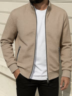 Spring/Autumn New Men's Solid Color Lapel Waffle Knit Long Sleeve Zipper Jacket, Comfortable and Breathable Outdoor Sports Men's Outerwear, Practical Jacket - Khaki