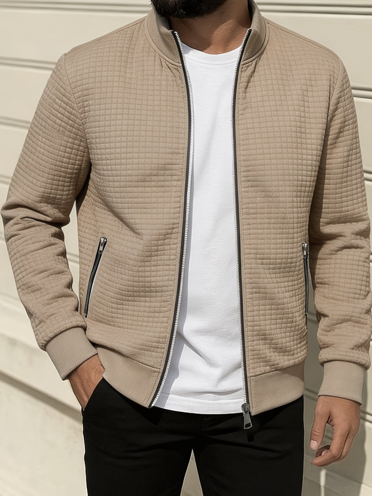 Spring/Autumn New Men's Solid Color Lapel Waffle Knit Long Sleeve Zipper Jacket, Comfortable and Breathable Outdoor Sports Men's Outerwear, Practical Jacket - Khaki