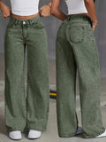 New Women's Stretch Wide-Leg Jeans, Loose Straight-Leg Denim Pants, Acid-Washed Denim Fabric Trousers with Pockets, Comfortable Green Waist-Defining Pants - Green