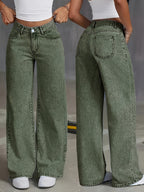 New Women's Stretch Wide-Leg Jeans, Loose Straight-Leg Denim Pants, Acid-Washed Denim Fabric Trousers with Pockets, Comfortable Green Waist-Defining Pants - Green