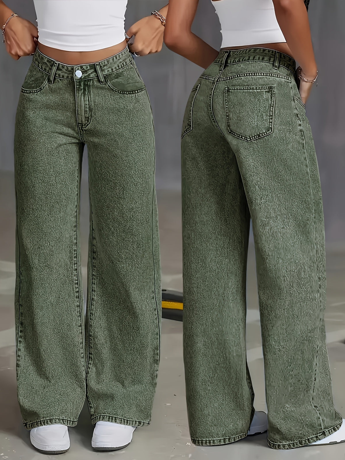 New Women's Stretch Wide-Leg Jeans, Loose Straight-Leg Denim Pants, Acid-Washed Denim Fabric Trousers with Pockets, Comfortable Green Waist-Defining Pants - Green