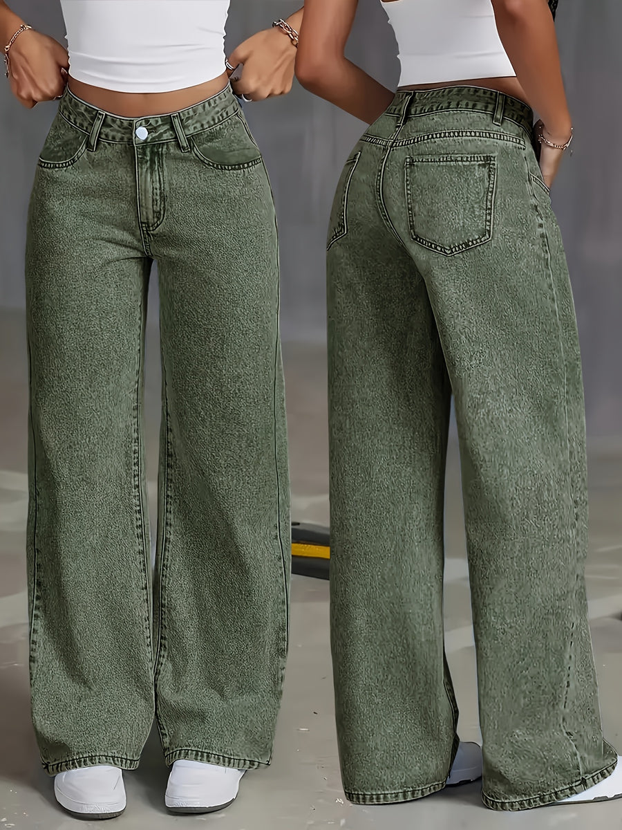 New Women's Stretch Wide-Leg Jeans, Loose Straight-Leg Denim Pants, Acid-Washed Denim Fabric Trousers with Pockets, Comfortable Green Waist-Defining Pants - Green