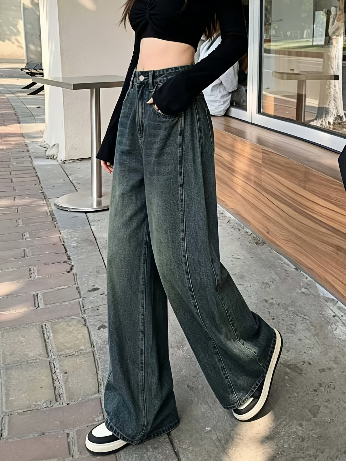 Women's High-Waist Wide-Leg Jeans, Nostalgic Vintage Dark Blue Washed Patchwork Denim Trousers, Loose-Fitting Slightly Cropped Sickle Hem Draped Multi-Pocket Floor-Length Pants - Vintage Color