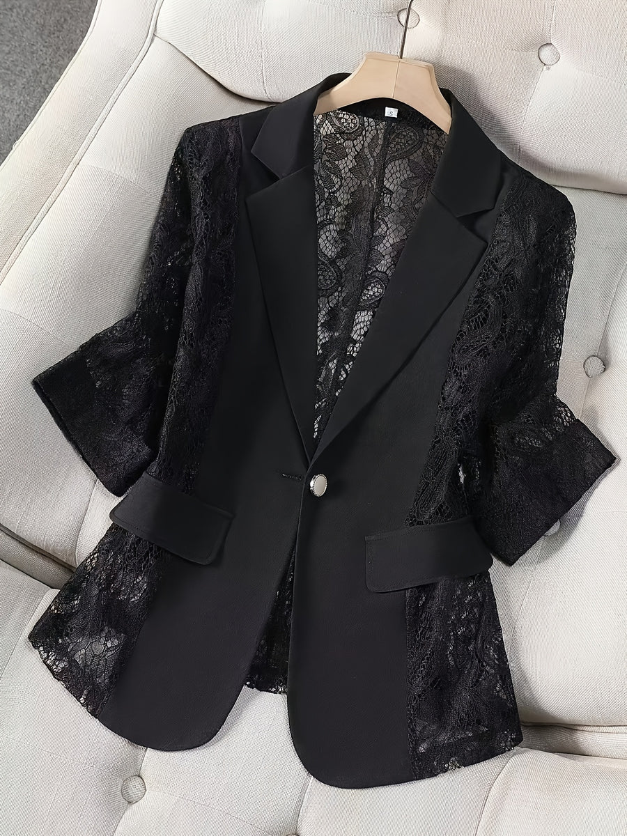 Women'S Thin Patchwork Lace Lightweight Suit Design Casual Temperament Three-Quarter Sleeve Casual Lapel Suit Top - Black