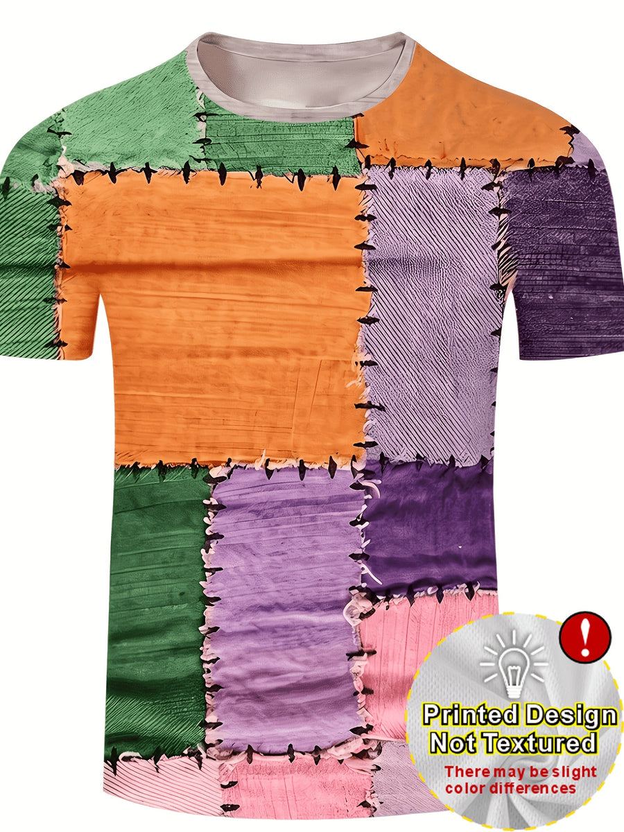 Digital Print - Men's Novelty Color Block Short Sleeve Crew Neck T-Shirt, Summer Outdoor [Print Design - Not Textured] [Print Design - Not Textured] - Mixed Color B