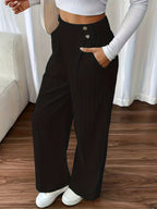 Women's Elegant Wide-Leg Pants with Textured Fabric - Machine Washable All-Season Trousers for Casual & Formal Wear - Black
