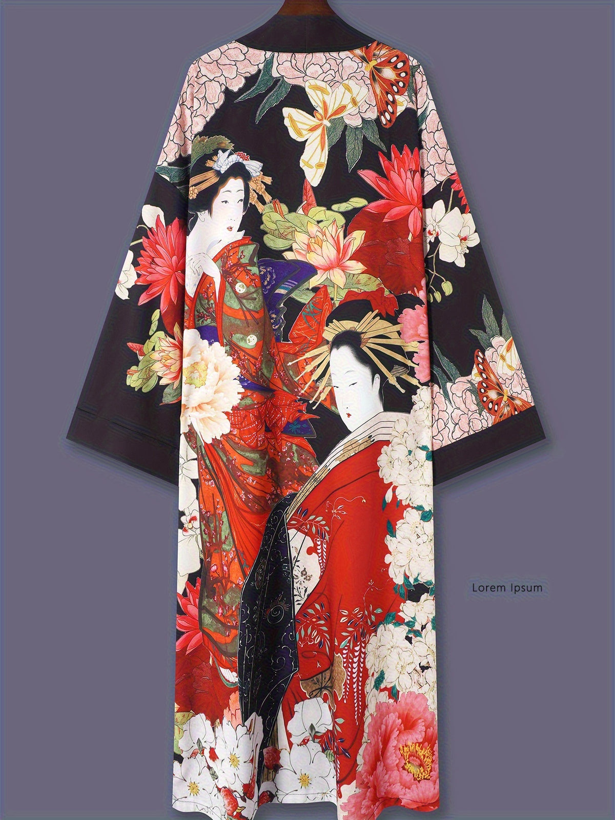 Japanese Printed Mid-Length 3/4 Sleeve Kimono Cardigan Thin Jacket Women'S Western Elegant Ethnic Style Street Casual Cover-Up Outerwear Beach Travel Vacation Cape Japanese Style Thin Cloak Jacket Home Yukata Belt Bathrobe Cover-Up - Black
