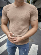 Men's Short-Sleeve Knitted Summer Fashion Jacquard Outerwear Casual Base Layer Solid Color High-Quality Top for Outings, Daily Wear, and Travel Clothing - Khaki
