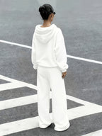 2026 Sporty Solid Color Hooded Sweatshirt Set for Women, Loose Drop-Shoulder Casual Wide-Leg Pants 2pcs Set - White