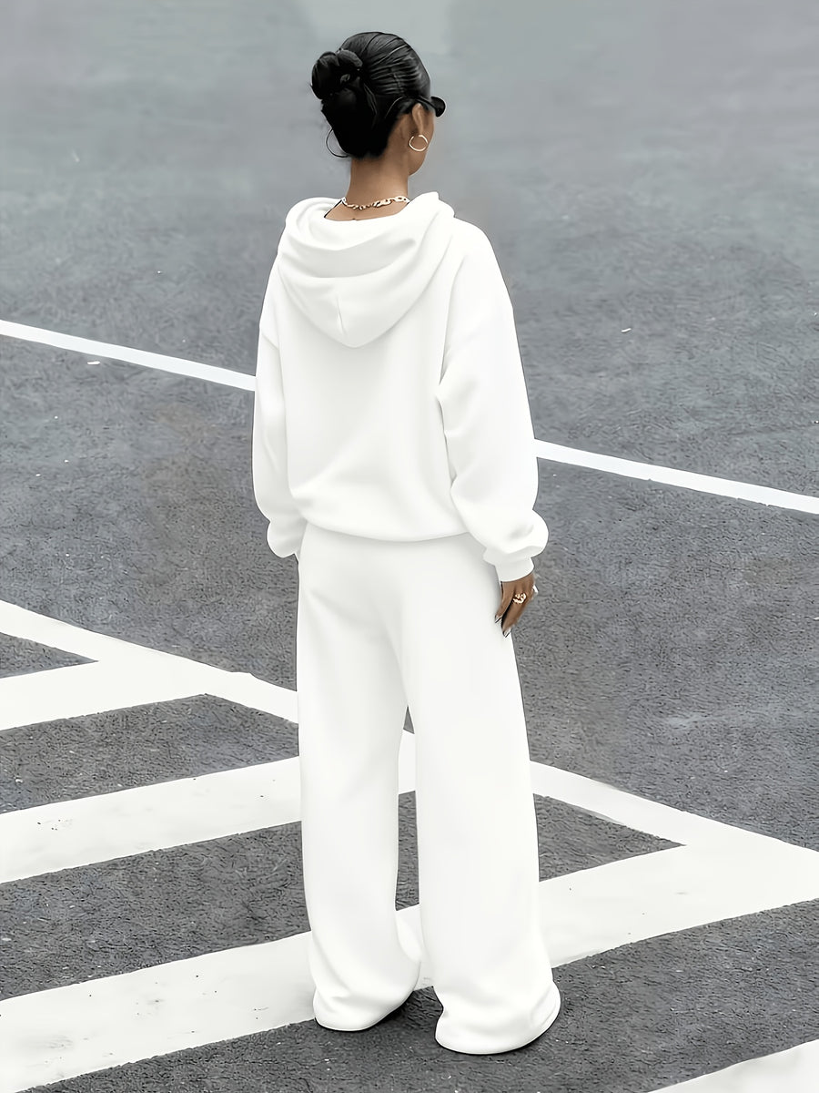 2026 Sporty Solid Color Hooded Sweatshirt Set for Women, Loose Drop-Shoulder Casual Wide-Leg Pants 2pcs Set - White