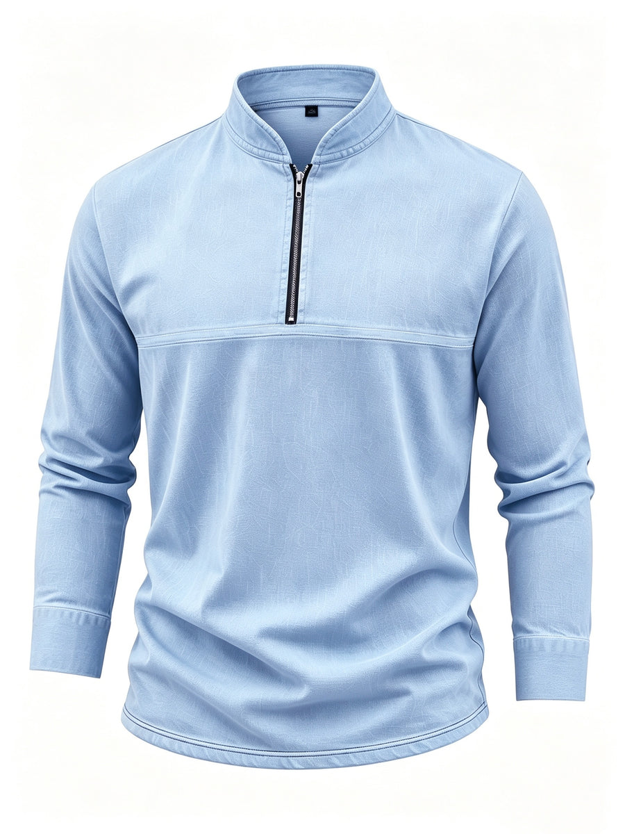 Men's Linen Long Sleeve Henley Shirt Stand Collar Loose Polo Shirt Men's Linen Zipper Casual Shirt - Light Blue