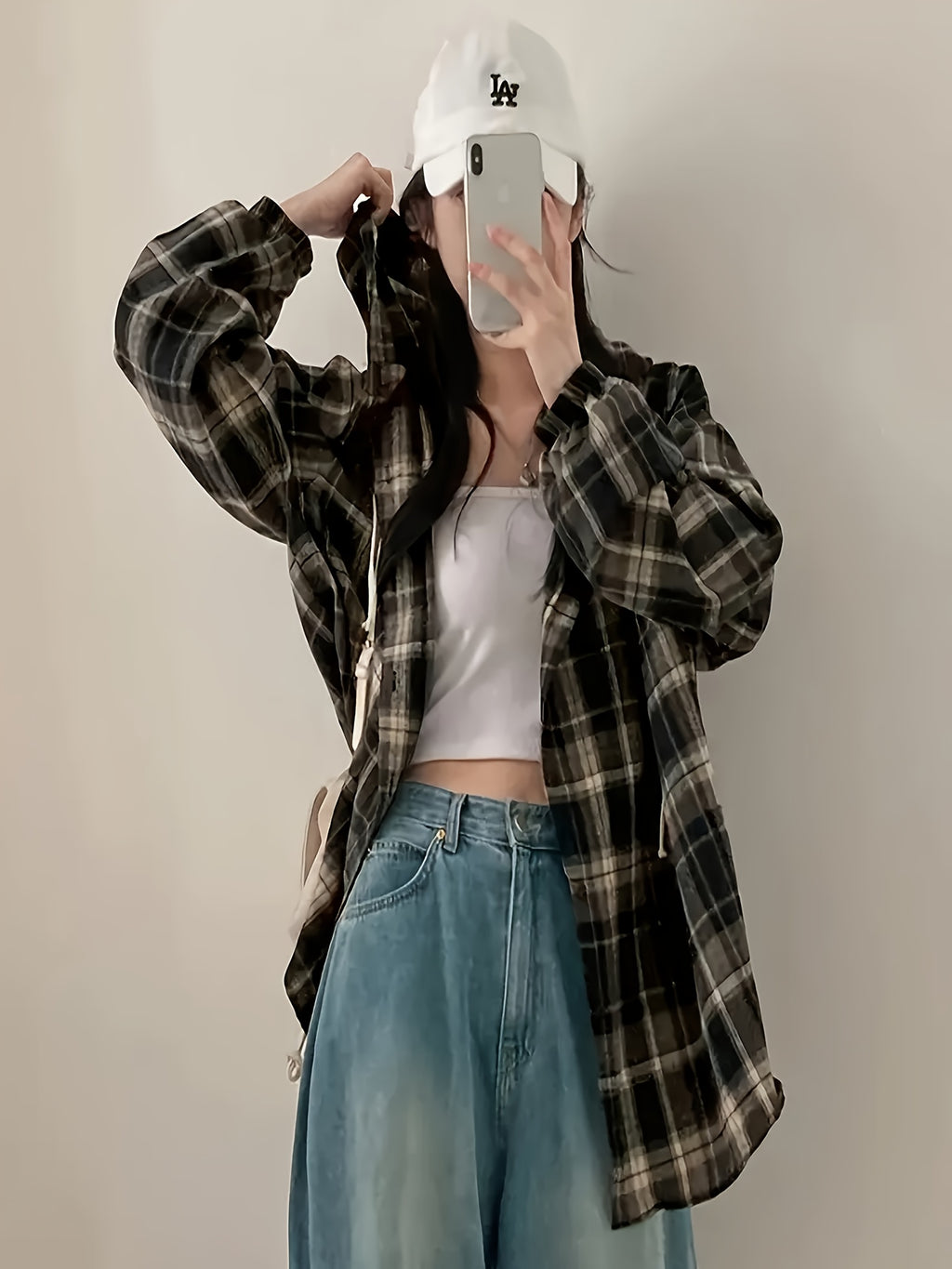 Elegant, Casual Plaid Hoodie - Long Sleeve Drop Shoulder Asymmetrical Hem Plaid Sweatshirt - Loose Spring Fall Fashion Top - Black