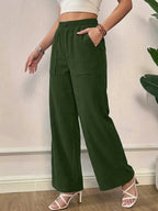 Women'S Corduroy Fashion Casual Wide-Leg Pants, Multi-Pocket Design, Elegant Loose Straight Leg Style, Good Drape, High-Waist Pleated Wide-Leg Casual Trousers - Military Green