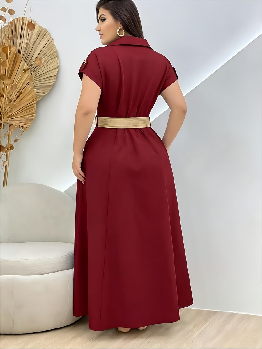 Summer New Elegant Fashion Commuter Versatile Party Women's Dress with Belt - Burgundy