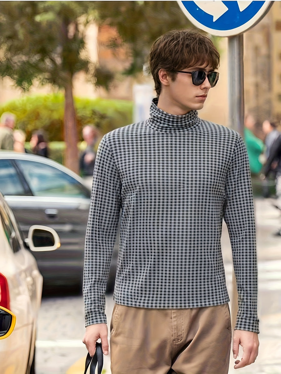 Nordic Vintage High-Neck Plaid Long-Sleeve T-Shirt for Men, Thickened for Autumn And, Soft And Warm, with a Luxurious Feel, Perfect As a Base Layer for Trendy Couples And Youth - Black And Gray Grid
