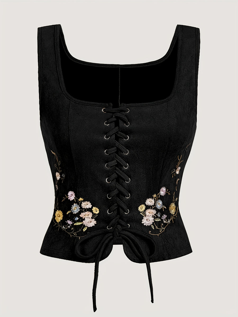 Women's Bohemian Brown & Floral/Leaf//Star/Bird/Bee/Bubblegum/Heart/Starfish/Lace-like Threading Embellished Square Neck Lace-like Top - Short Sleeve Lacing-Front Closure Boho-Chic Blouse for Music Festivals & Parties ( - Black