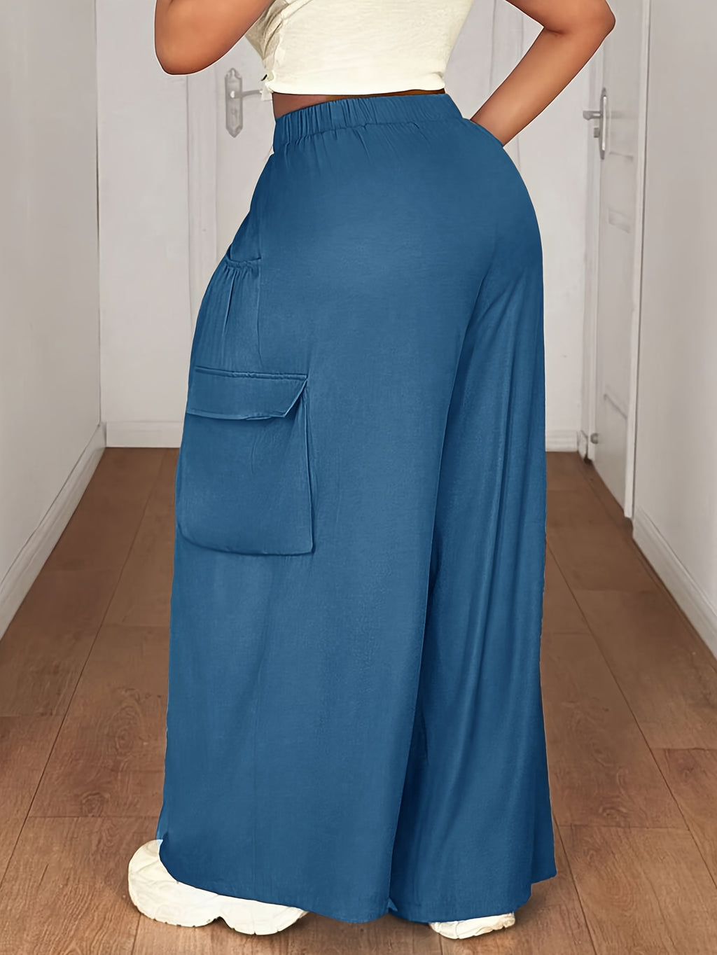 Plus Size, [Printed Pants - Not Denim Fabric] Plus-size Women's Elastic Waist, Multi-pocket Decorative Denim-style Pants - Sea Blue