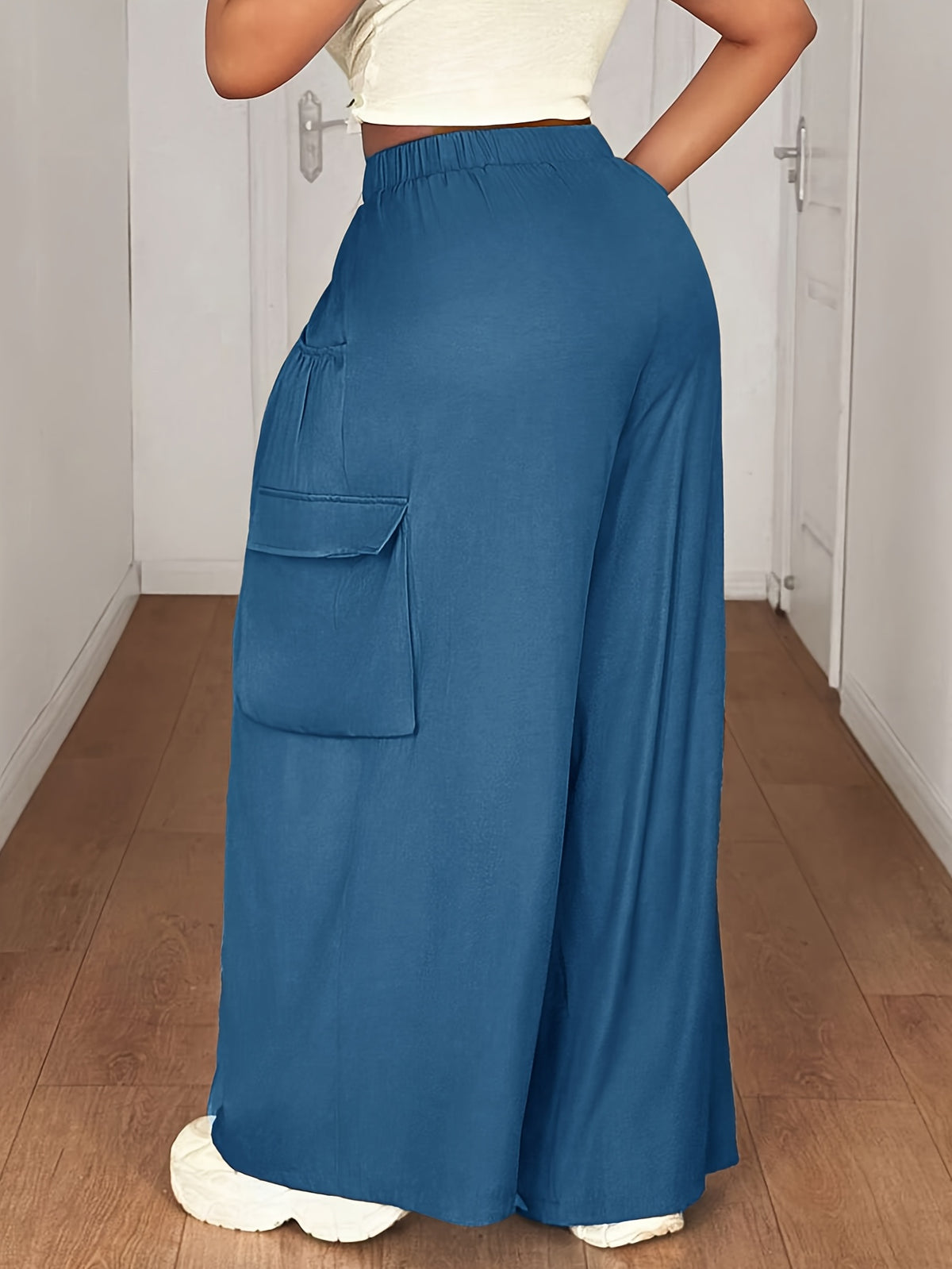 Plus Size, [Printed Pants - Not Denim Fabric] Plus-size Women's Elastic Waist, Multi-pocket Decorative Denim-style Pants - Sea Blue