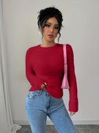 Women'S Soft Mint Green Sweater - Cozy Long Sleeve Round Neck Pullover for Fall/Winter, Casual & Office Wear, Elegant Everyday Chic Style, Comfortable Fit - Deep Red