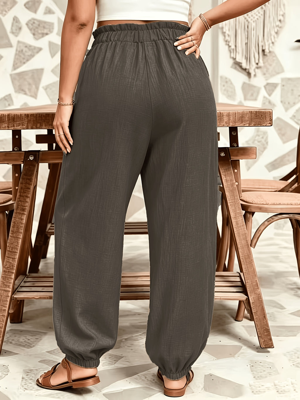 Plus Size - All Seasons Plus Size Beautiful Women'S Casual -Like Rubber High-Waist Scalloped Trim Tie-Pocket Women'S Long Pants, Casual Daily Versatile Vacation Holiday Style - Dark Gray
