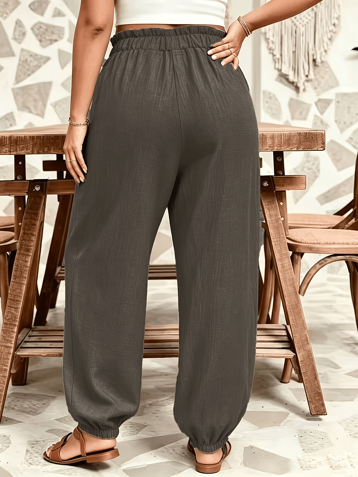 Plus Size - All Seasons Plus Size Beautiful Women'S Casual -Like Rubber High-Waist Scalloped Trim Tie-Pocket Women'S Long Pants, Casual Daily Versatile Vacation Holiday Style - Dark Gray