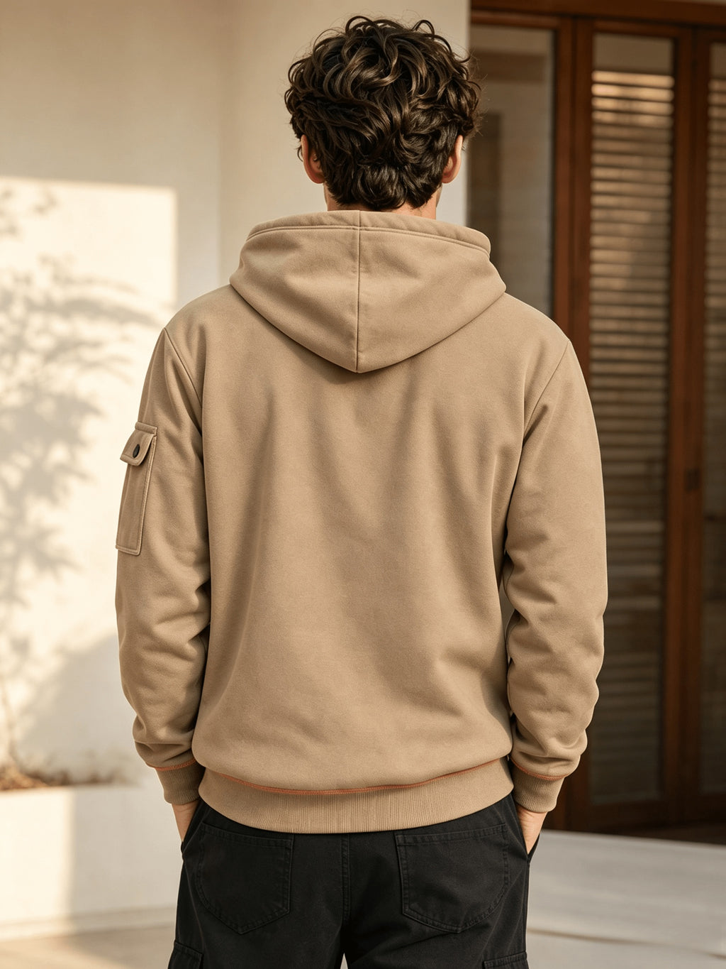 Men's Full Zip Hoodie, Contrast Color Hooded Sweatshirt with Cargo Pockets, Casual, Comfortable, Versatile Fall Winter Jacket - Khaki