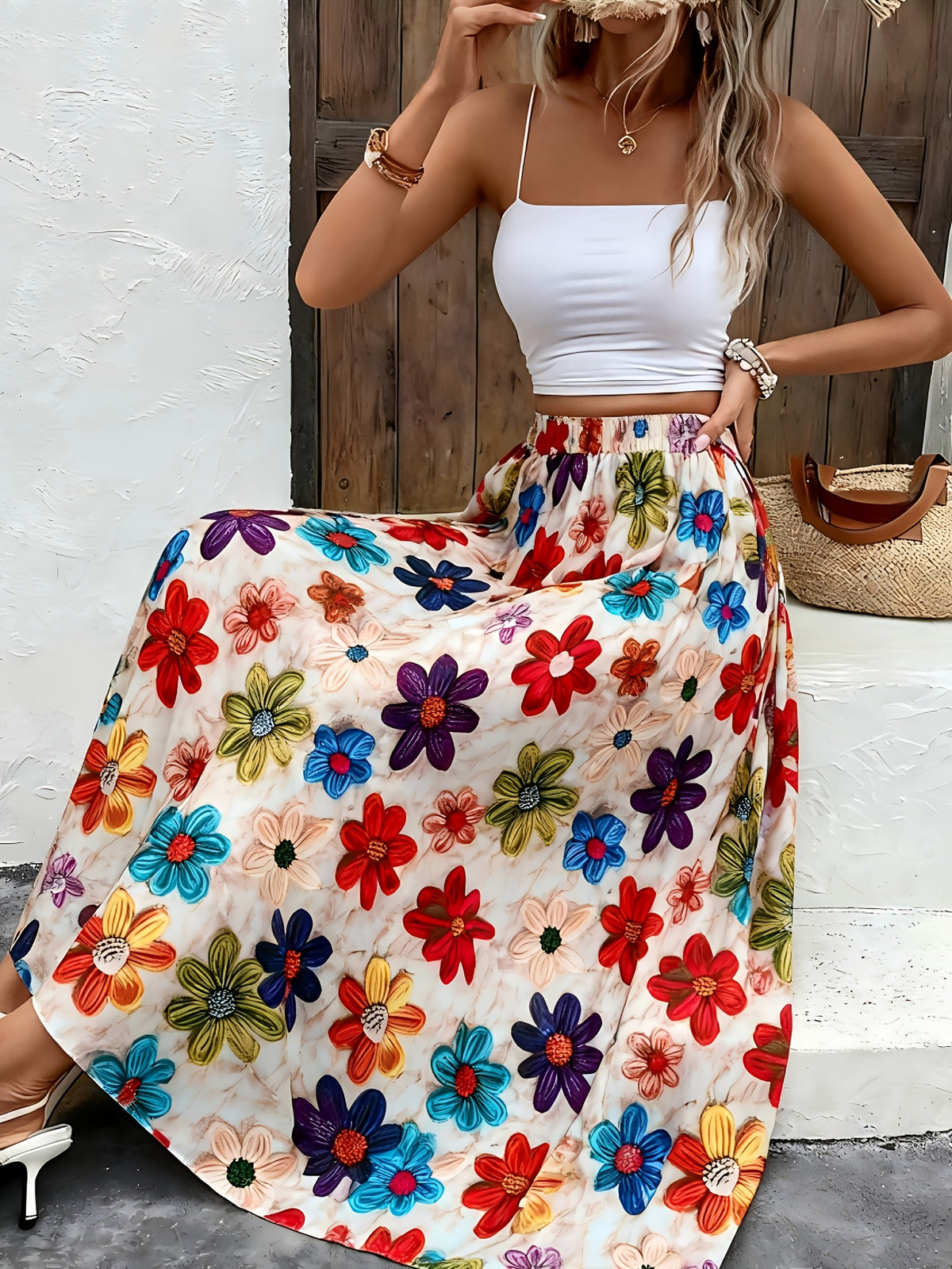Women'S Elegant Floral Print Midi Skirt - Vibrant Multicolor Floral Pattern with Elastic Waistband, All-Season Versatile Casual to Formal Wear, Floral Print Skirt, Seasonal Fashion, Stylish Design, Fashion Lovers - Multicolor