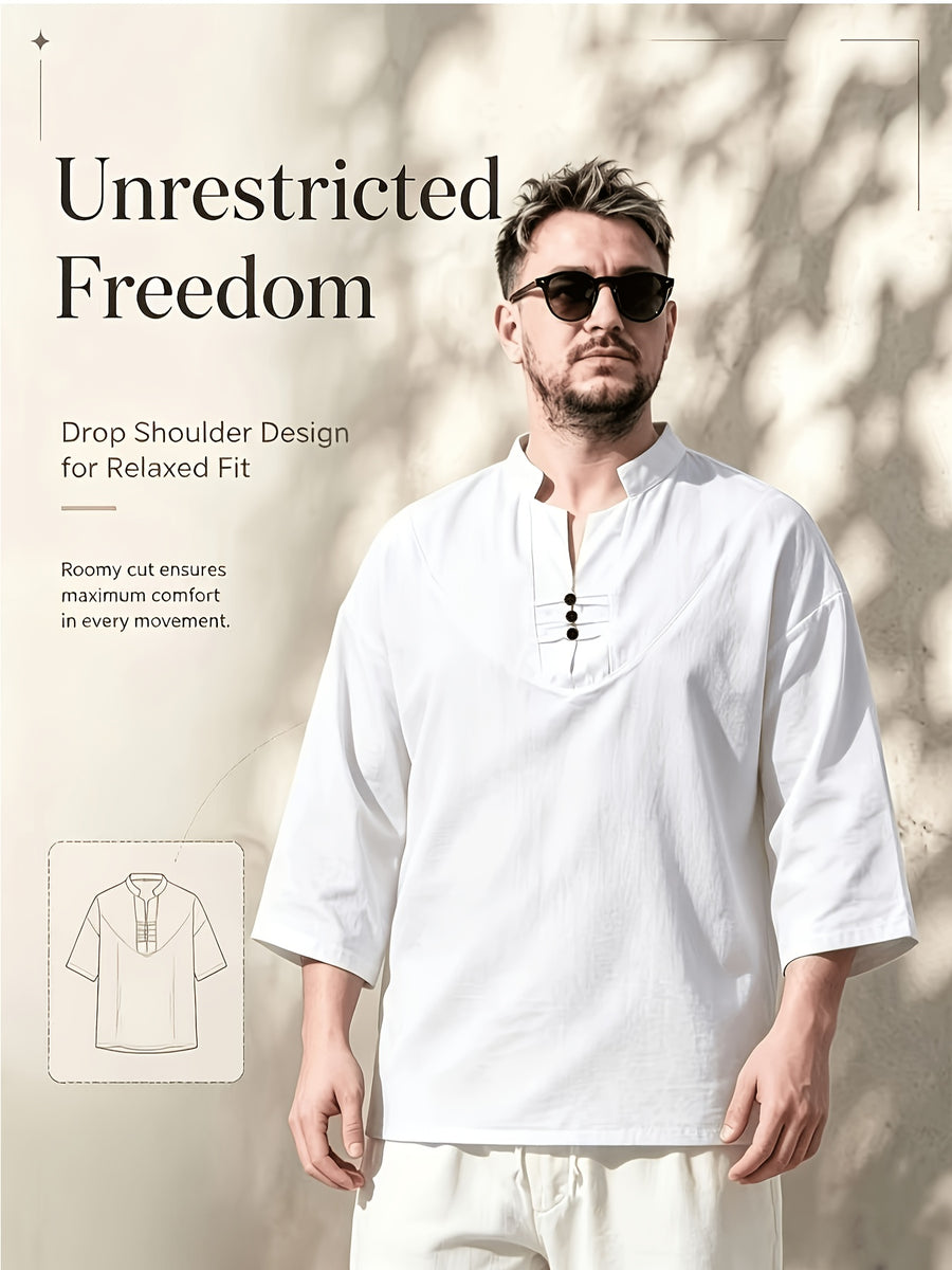 Men's Casual Shirt, New Linen V-Neck Casual Shirt for Daily Wear, Three-Quarter Sleeve Design, Suitable as a Gift! - White